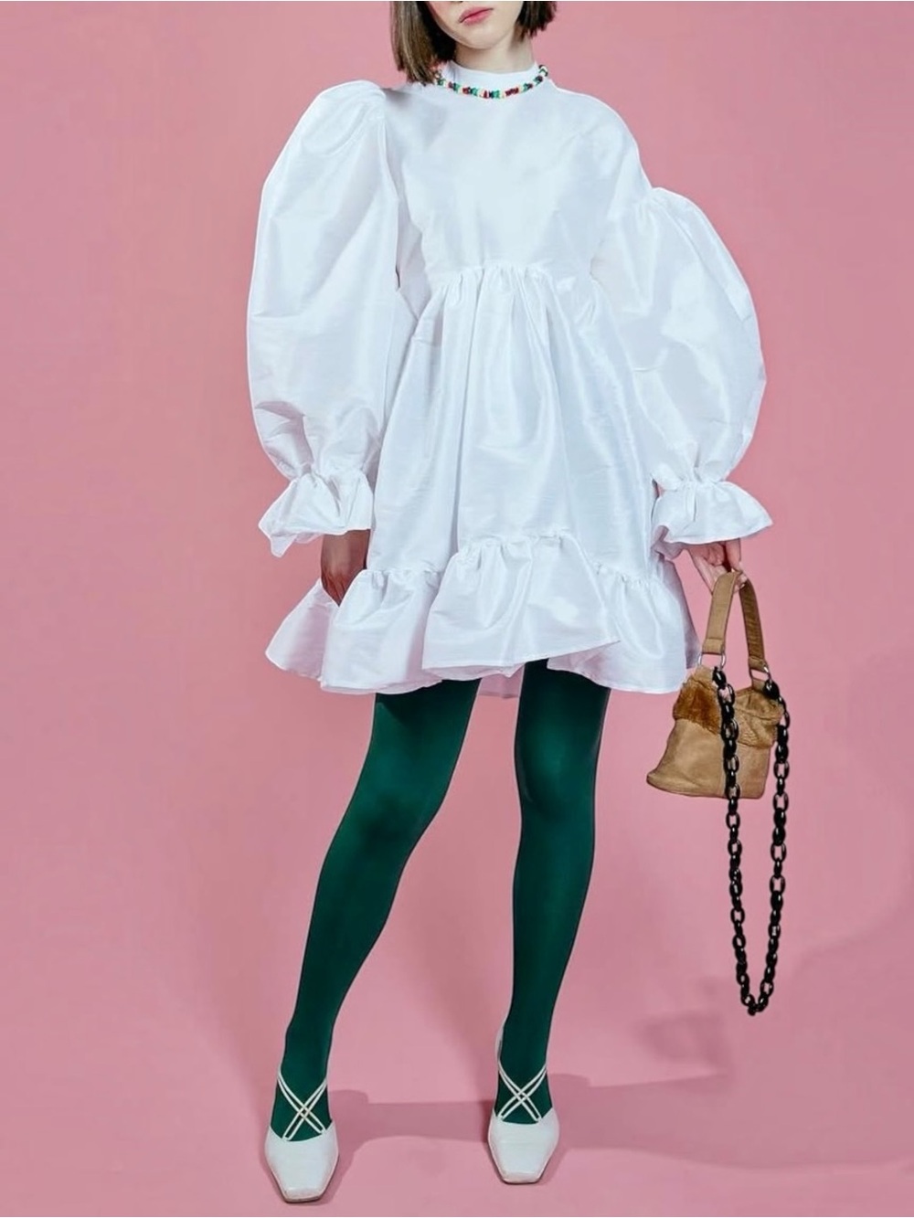 NWT ZVOLI White Mock Neck Bishop Sleeve Asymmetrical Oversized Mini Baby Dress